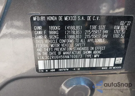 2022 Honda Hr-V Awd Ex from USA, damaged, VIN 3CZRU6H56NM760673